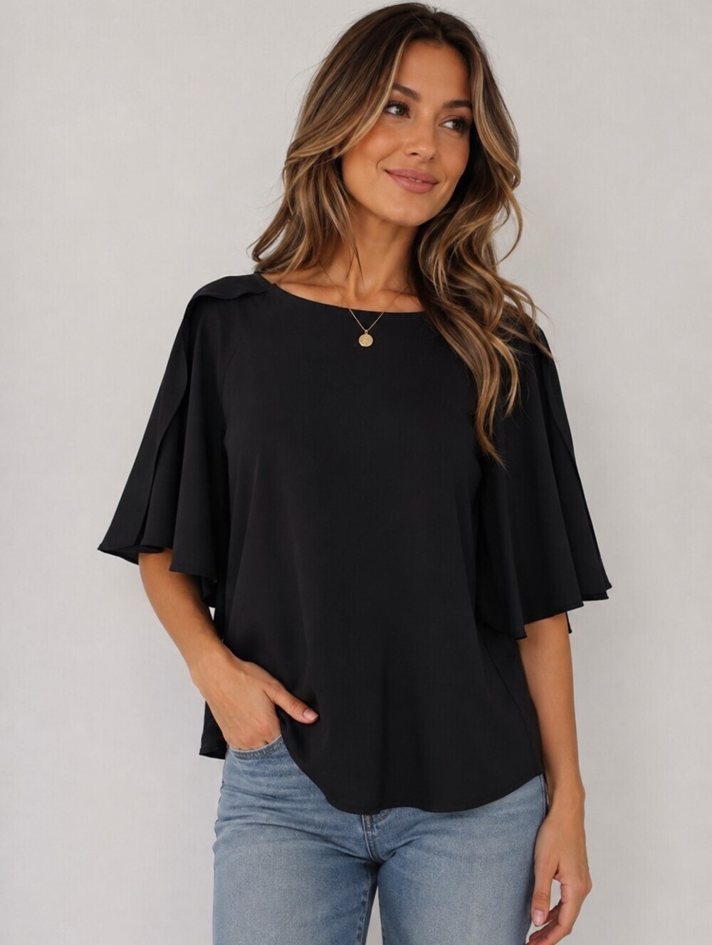VERO MODA Flutter Sleeve Flowy Short Sleeve Black Blouse Size M